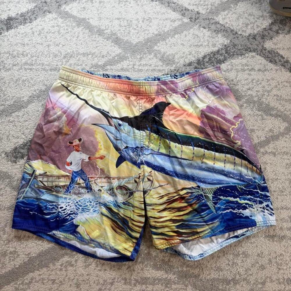 Guy Harvey Marlin fishing swim trunks size XL. AOP. 7 inch inseam